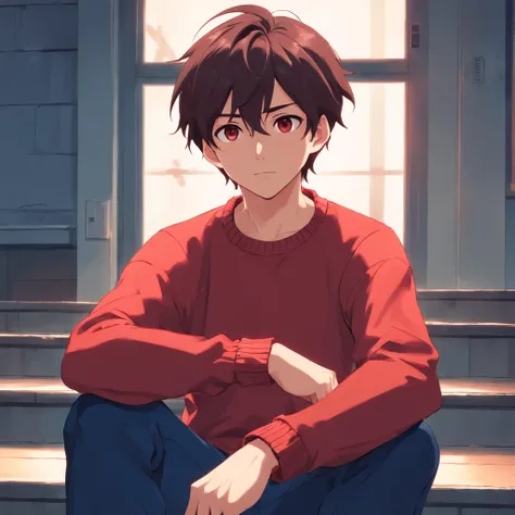 Man in red sweater, pelo negro, Brown eyes, Dark blue trousers, White sneakers, arms folded, Calm expression