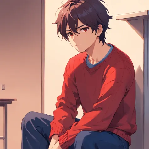 Man in red sweater, pelo negro, Brown eyes, Dark blue trousers, White sneakers, arms folded, Calm expression