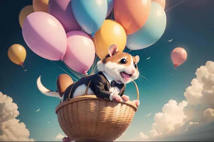 A cute very happy hamster wearing a tuxedo in the basket of a flying hot air ballon , lower point of view. Dreamy, whimsical, mostly pastel colours. Highly detailed.