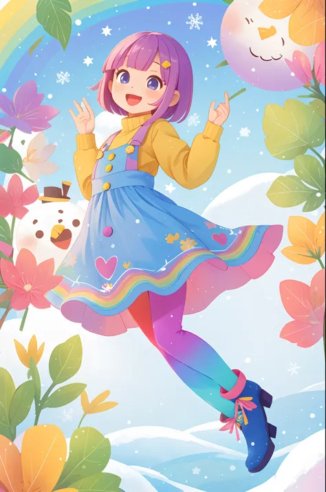 Stand in front of the photo、1girl in,Full body,a short bob, rainbow color Hair,long boots,Open mouth and big smile、kawaii pose、Flowing iridescent silk、Wearing colored tights、up of face、Eye Up、Colorcon with heart pattern、Floral dress、Pose with the snowman、s...