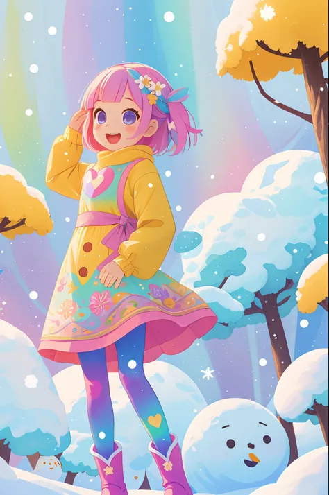 Stand in front of the photo、1girl in,Full body,a short bob, rainbow color Hair,long boots,Open mouth and big smile、kawaii pose、Flowing iridescent silk、Wearing colored tights、up of face、Eye Up、Colorcon with heart pattern、Floral dress、Pose with the snowman、s...