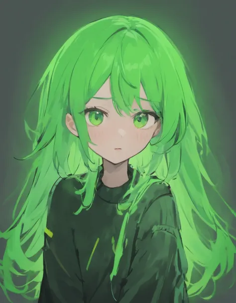 Girl, neon green hair, A stern look, in a black and white sweater, grey skin, neon green eyes, crying,