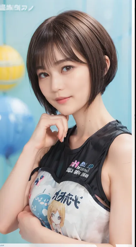 57
(a 20 yo woman), (A hyper-realistic), (masutepiece), (Short bob cut:1.46), Hairstyle with visible ears, (Breast), kindly smile, (Graphic wetwear with anime characters printed on it)