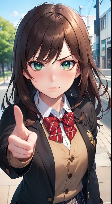 ((masterpiece, best quality, highres, UHD, perfect pixel, depth of field, 4k, RTX, HDR))), 1girl, single, solo, beautiful anime girl, beautiful artstyle, anime character, ((long hair, bangs, brown hair, curly hair:0.8)), ((green eyes:1.4, rounded eyes, bea...