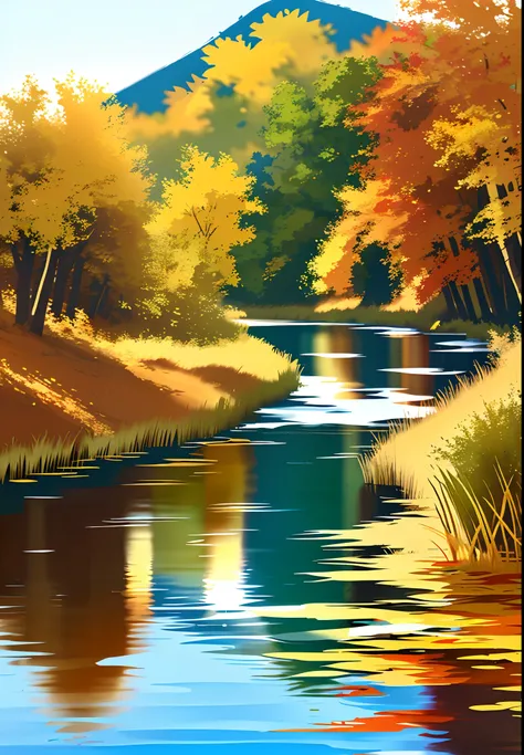 A river，There are reeds on the shore，An autumn scene