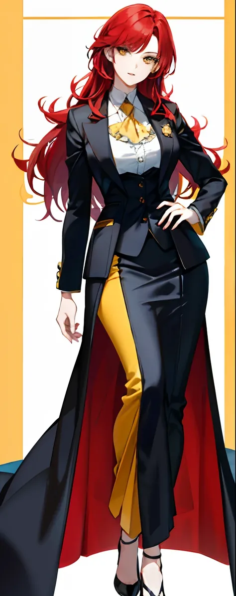 Beautiful tall lady with red hair and yellow eyes super realistic and well designed suit outfit