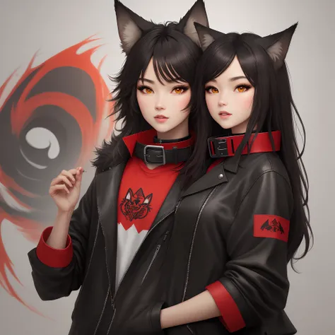 Black and red wolf demi-human black collar