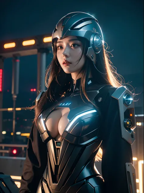 1female, solo, long hair, (mecha helmet), cleavage, standing, long sleeves, (Mecha), (mechanical girl), (cyberpunk,) cityscape, neon lights, night sky, raw photo, intricate details, photon rendering, octane render, detailed face, detailed skin, photo reali...