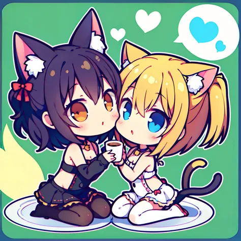 2girls,chibi,cat ears, kiss,yuri, coffee cup,symmetrical pose, tail, head rub, in cup,speak heart,