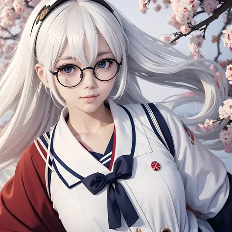 Anime girl,white hair, japanese sailor unifrom,anime style,round glasses