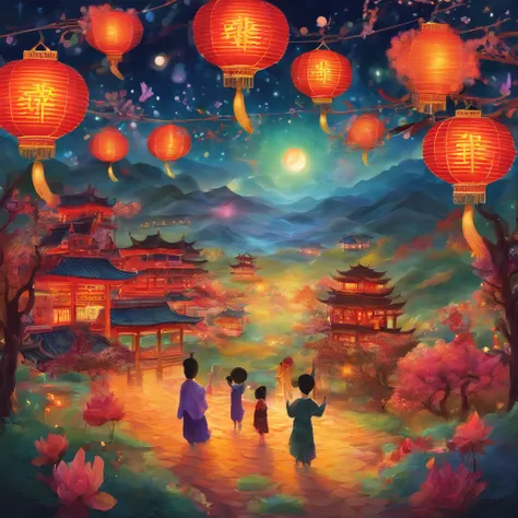 Festive lanterns, Family reunion, Mooncakes, Moon, Impressionism, Chi Baisi, Dragon Dance, a panoramic view, Warm light, Holiday Lights, colorful light