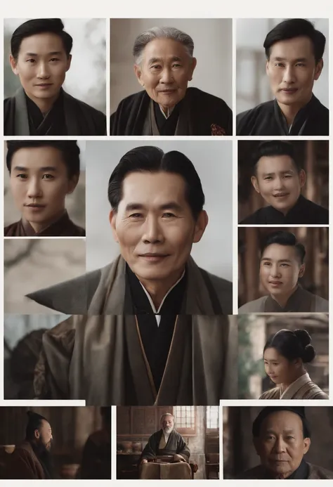 Portrait of a father，Wearing a black coat，Smiling，Middle of the lens，The background is a traditional Chinese painting，Men have no beards，Wise old man，An ancient Chinese elder，Center the photo，The character is centered，Sit，Real frontal photos，Face HD，The fa...