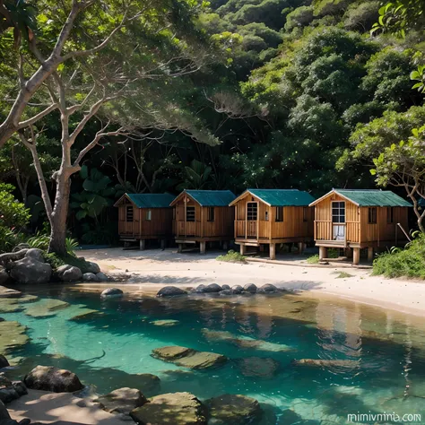 lush greenery, islands, huts, small community