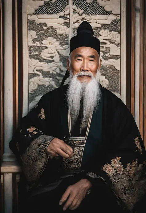 Wearing a black coat，Smiling，Middle of the lens，The background is a traditional Chinese painting，Men have no beards，Wise old man，An ancient Chinese elder，Center the photo，The character is centered，Sit，Real frontal photos，Face HD，The face is softly illumina...