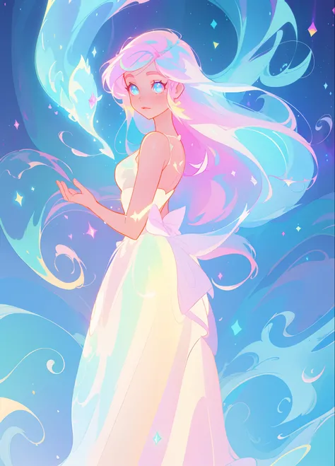 beautiful girl, puffy white layered ballgown, vibrant pastel colors, (colorful), long colorful liquid hair, magical lights, sparkling magical liquid, inspired by Glen Keane, inspired by Lois van Baarle, disney art style, by Lois van Baarle, glowing aura ar...