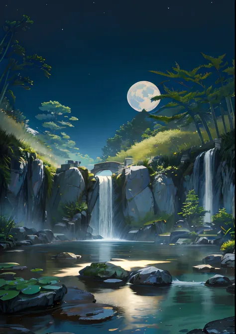 Ancient Chinese architecture, garden, bamboo, lake, stone bridge, rockery, arch, corner, rockery, tree, flowing water, landscape, outdoor, waterfall, meadow, rock, water lily, stream, lotus, moon, night view, hot springs, water vapor, (illustration: 1.0), ...