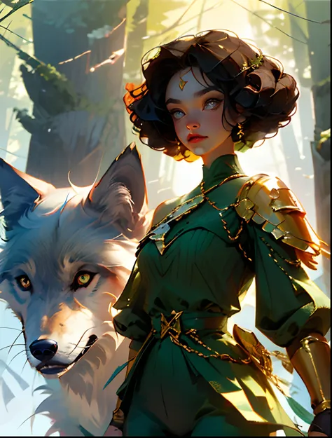 I uploaded an image of a short character with curly black hair, Holding a golden sword in the middle of a forest is a wolf