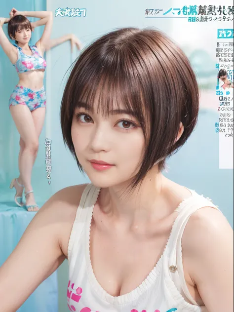 57
(a 20 yo woman), (A hyper-realistic), (masutepiece), (Short bob cut:1.46), Hairstyle with visible ears, (Breast), kindly smile, (Graphic wetwear with anime characters printed on it)