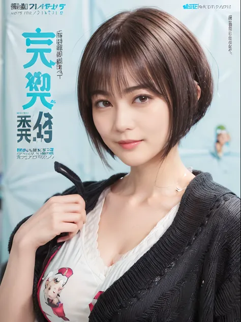 57
(a 20 yo woman), (A hyper-realistic), (masutepiece), (Short bob cut:1.46), Hairstyle with visible ears, (Breast), kindly smile, (Graphic wetwear with anime characters printed on it)