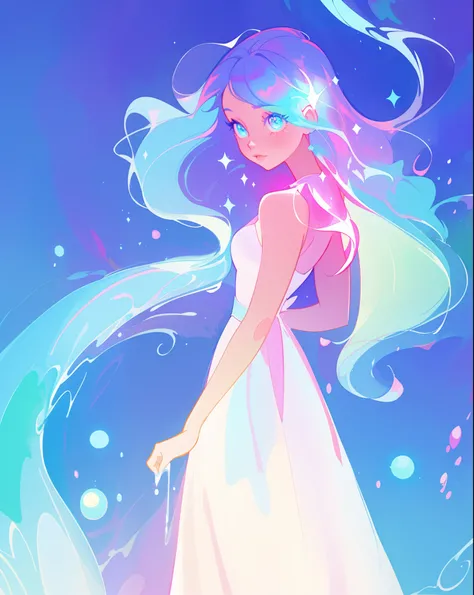 beautiful girl, simple white princess ballgown, vibrant pastel colors, (colorful), colorful flowing long liquid hair, magical lights, sparkling magical liquid, inspired by Glen Keane, inspired by Lois van Baarle, disney art style, by Lois van Baarle, glowi...