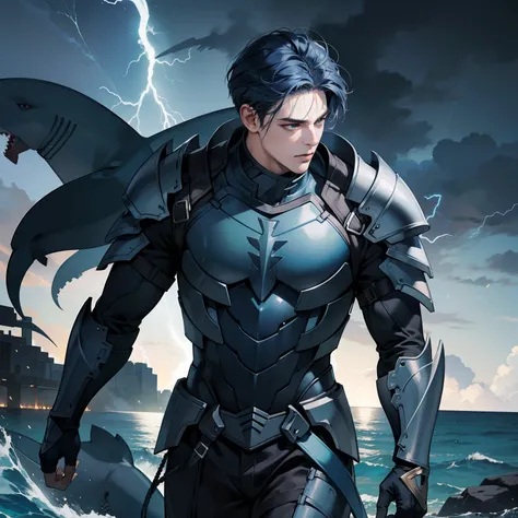 Masterpiece, high quality, best quality, HD, realistic, perfect lighting, detailed body, 1 man, dark blue hair, calm expression, shark armor, lightning background.