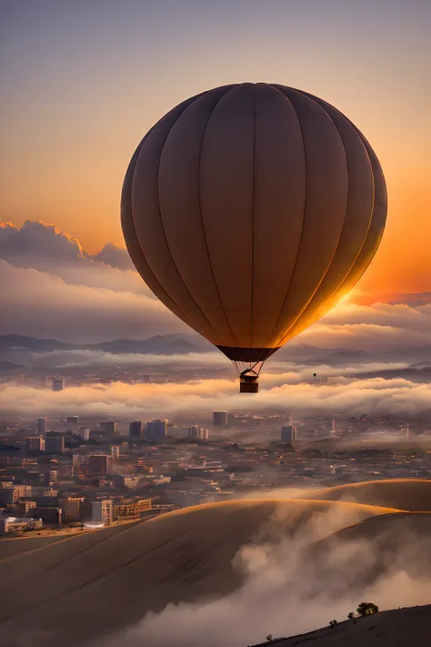 hot air ballonn:1.5, steampunk, in the sky, sunset, steam, fog, smog, sand, wind,