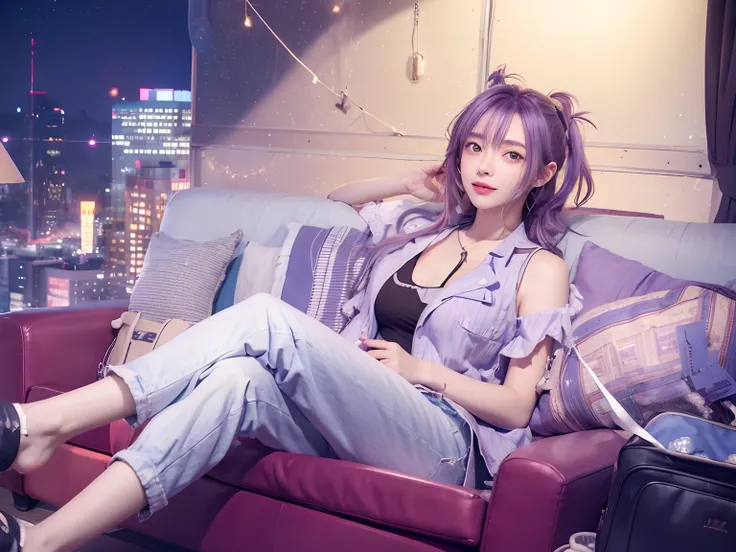 anime girl sitting on a couch in a room with a city view, visual novel cg, in bang dream, visual novel key visual, ; visual novel, 8k!!, kaoru seta, anime moe artstyle, bang dream, smooth anime cg art, purple hair