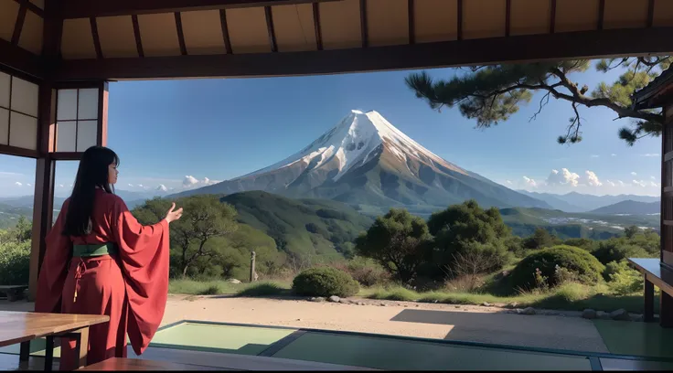 Transport yourself to the peaceful atmosphere of the Mountain of Awakening, where visitors gaze at this majestic Japanese-inspired mountain covered in lush green plants. Imagine four people standing together in front of this iconic mountain, chacune ressen...