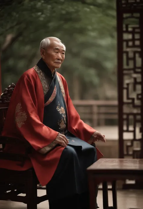 A old man，Wear a Chinese coat，The frontal one sits on a chair，In the study，The background is a traditional Chinese painting，Slight smile，kind，