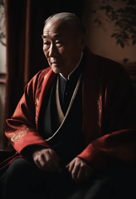 A old man，Wear a Chinese coat，The frontal one sits on a chair，In the study，The background is a traditional Chinese painting，Slight smile，kind，Medium shot，Look at me head-on