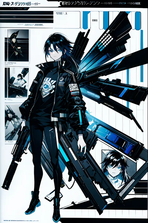 Boy, 20 y.o, black long hair, cyberpunk clothes, B/W color pallet, net-runner, blue eyes, with a gun in his hand, best quality, ray tracing, luxury-book-stylized corners,Manga Cover, manga