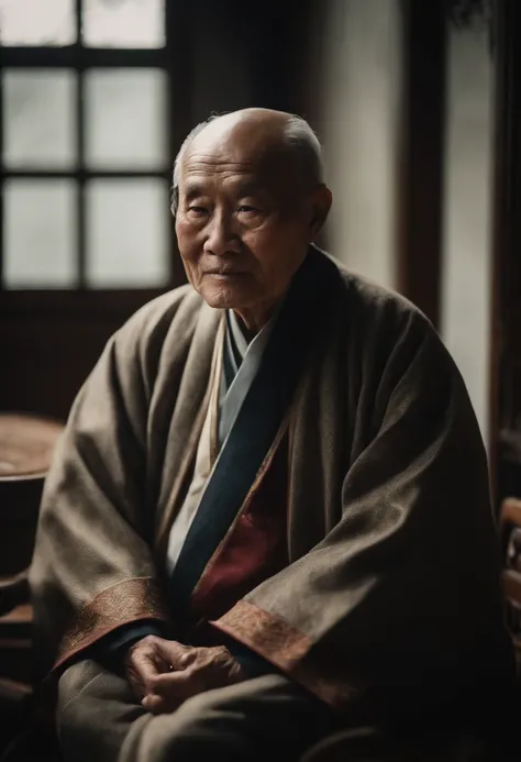 A old man，Wear a Chinese coat，The frontal one sits on a chair，In the study，The background is a traditional Chinese painting，Slight smile，kind，Medium shot，Face the camera