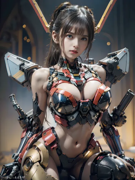 Intricate details, Super Intricate Details, (navel-baring) (Big Gem: 1.3), (girl_Standing_beside_Droid:1.2), Girls, ultra gigantic tits、((Chest Valley))、(Perfect detail face, Detailed eyes), BREAK Robot, (Giant Mech, Red and black armor, Blue eyes, Holding...