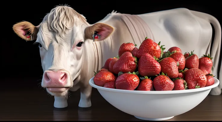 (ultra high res,photorealistic,best quality,photo-realistic),(8k,raw photo,best quality,masterplece),(photon mapping,radiosity,physically-based rendering,automatic white balance), (pink cow, hot pink colour 5:1), strawberries