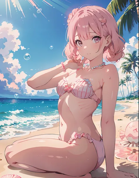 (8K, RAW photo, Best quality, masutepiece: 1.2), (Realistic, Realistic: 1.37) There are pink shells on the beach, there are waters, Pearlescent, pearls and shells, Soft spill, pearls, Pink jellyfish are everywhere, Soft 3D rendering, Ethereal bubbles, Bubb...