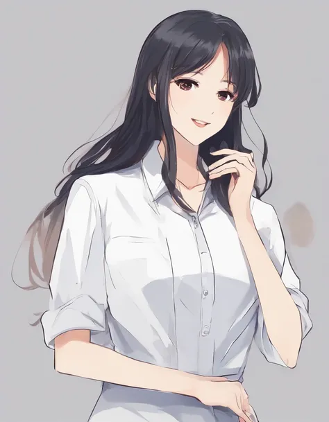 Simple illustration rough、Beautiful older sister in white shirt、Long hair、A dark-haired、Business Smile、Looks reliable、icons、White background、profile