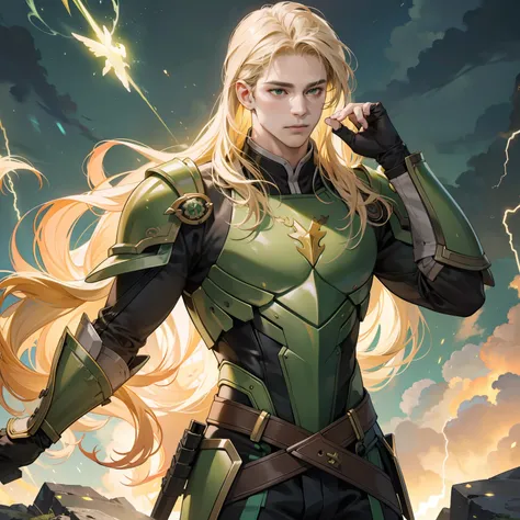 Masterpiece, high quality, best quality, HD, realistic, perfect lighting, detailed body, 1 man, yellow long hair, calm expression, green turtle armor, lightning background.