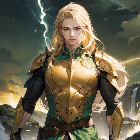 Masterpiece, high quality, best quality, HD, realistic, perfect lighting, detailed body, 1 man, yellow long hair, calm expression, green turtle armor, lightning background.