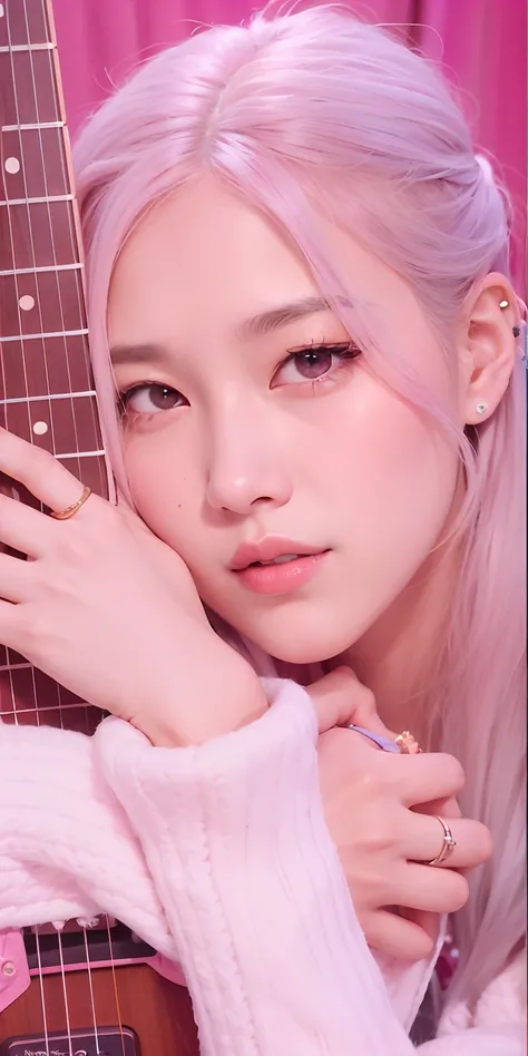 Un primer plano de una persona sosteniendo una guitarra cerca de una cortina rosa, Parque Roseanne de Blackpink, Retrato de Jossi de Blackpink, Retrato Jisoo Blackpink, Jossi de Blackpink, Jisoo de Blackpink, Jisoo de Blackpink, Kim Doyoung, Jaeyeon Nam, H...