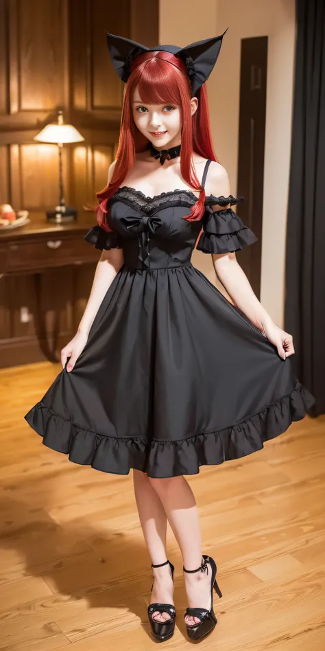 (((red hair with a twin half tail), a smile, a young girl of 18 years old, Cute symmetrical face, Black cat ears, red eyes, (Ruffled clothes, Black lace clothes), Interior Green color, a girl, full body, A masterpiece of 2D art, (Masterpiece,Top image qual...