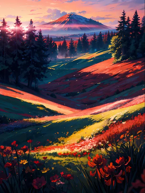 masterpiece,best quality,lycoris,flower field,depth of field,dusk, pink and red sky, rainbow 🌈,fog ((tileset))