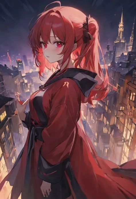 Black robe，red colour，Vampires，White skin of the，brunette color hair，Red eyes，Fang，Pointy ears，The background is the city，Red Moon，blood stain，grinning smile，unholy