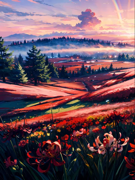 masterpiece,best quality,lycoris,flower field,depth of field,dusk, pink and red sky, rainbow 🌈,fog ((tileset))