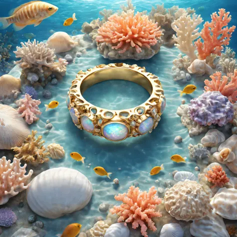 Product image of the ring，Gold ring set with Boulder opals ，（The ring is surrounded by fish and coral：1.20），（Pearl oysters），rays of sunshine，（nature elements），（Marine theme），（swell sea），Pinktada
masterpiece，（Very detailed CG unity 8K wallpaper），（best qualt...