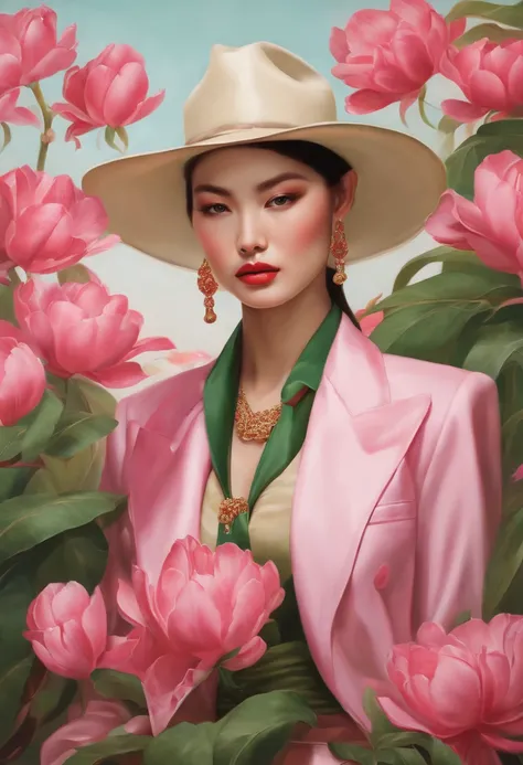 fashion magazine，ultrarealism oil painting，（Crane），Chinese woman，Pink and emeralds，Plant cover background，The style of artist Bruce Zheng，shinny hair，cowboy lens，art-deco，Verism，blooms，Award-Awarded，retinas