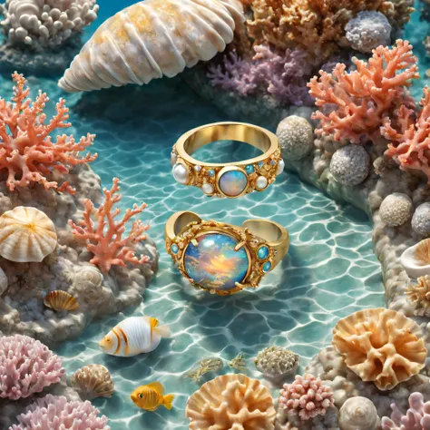 Product image of the ring，Gold ring set with Boulder opals ，（The ring is surrounded by fish and coral：1.20），（Pearl oysters），rays of sunshine，（nature elements），（Marine theme），（swell sea），Pinktada
masterpiece，（Very detailed CG unity 8K wallpaper），（best qualt...