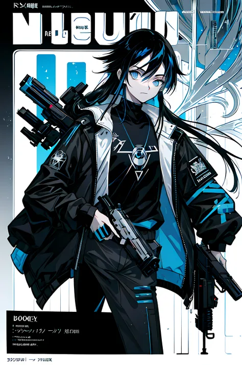 Boy, 20 y.o, black long hair, cyberpunk clothes, B/W color pallet, net-runner, blue eyes, with a gun in his hand, best quality, ray tracing, luxury-book-stylized corners,Manga Cover, manga