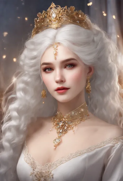 best quality, masterpiece,white hair, gold eyes,white clothes, looking up, upper body,hair strand,Fair skin,side braids, Nsfw, wearing victorian dress, nice dress, beautiful bacground, showing shoulders