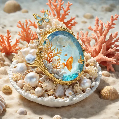 （Product image of the ring：1.2），Gold ring set with Boulder opals ，（The ring is surrounded by fish and coral：1.20），（Pearl oysters），rays of sunshine，（nature elements），（Marine theme），（swell sea），Pinktada
masterpiece，（Very detailed CG unity 8K wallpaper），（best...