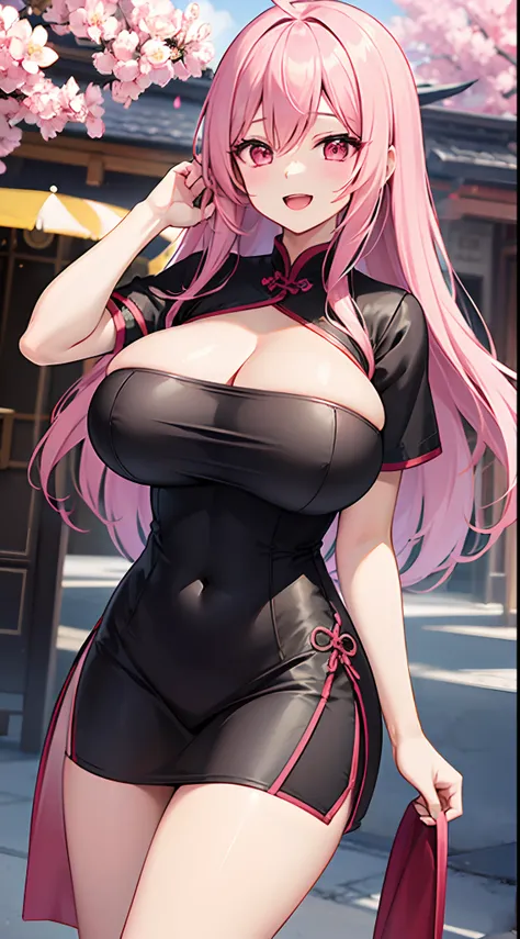 1 girl, game CG, black cheongsam, short cheongsam showing cleavage, gigantic breasts, pink hair, long hair, straight hair, ahoge, pink eyes, smile, open mouth, breast hold, outside,